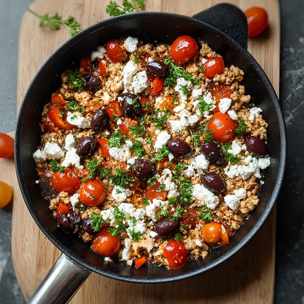 A skillet with a Mediterranean keto ground chicken dish.