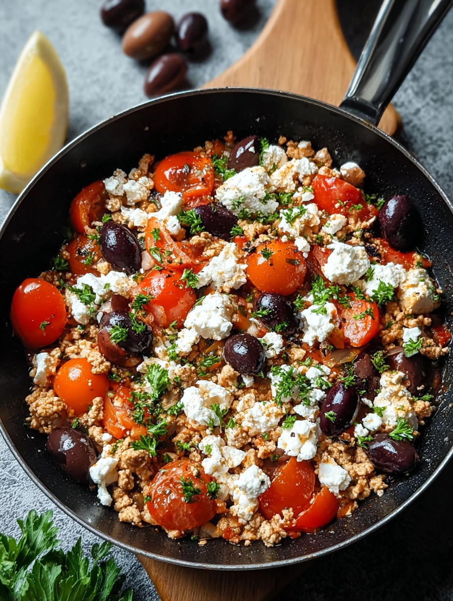 A skillet of Mediterranean keto ground chicken with olives and feta.