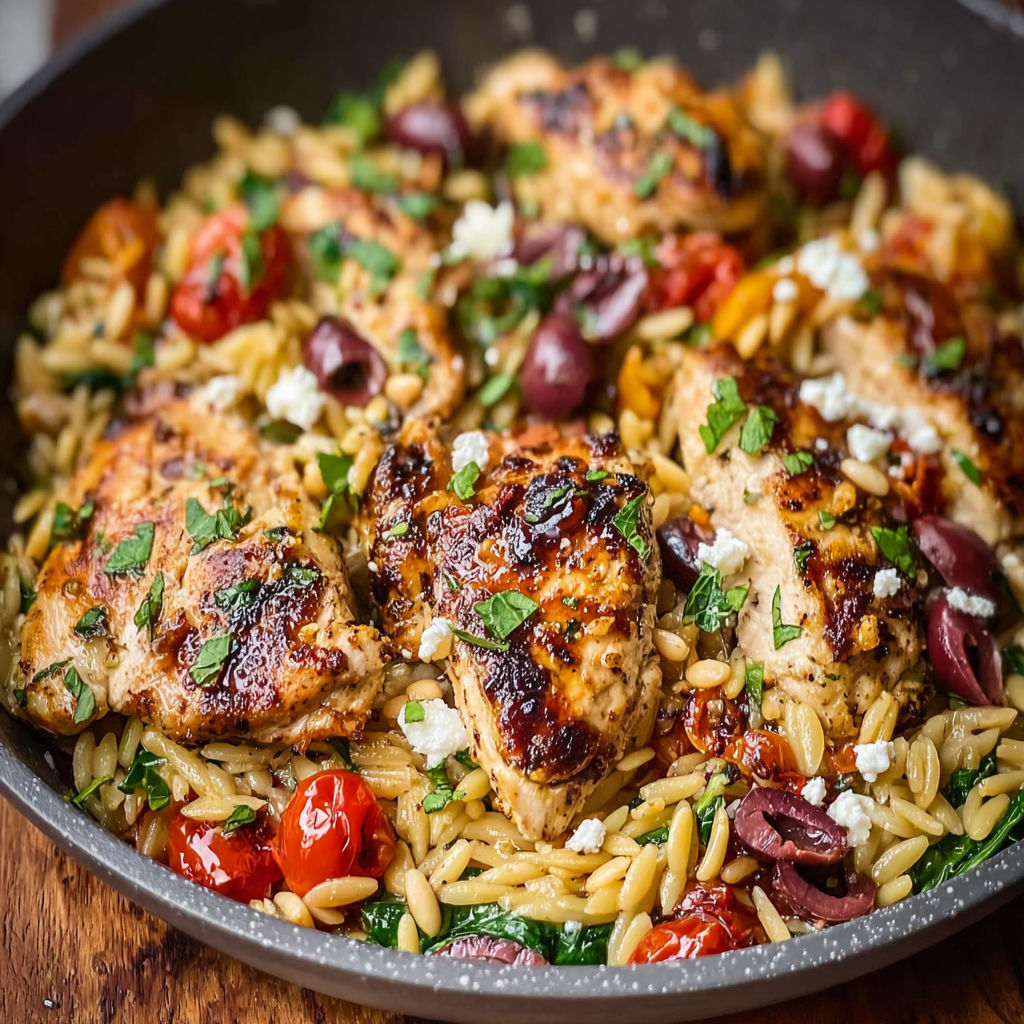 A dish of Mediterranean chicken and orzo.