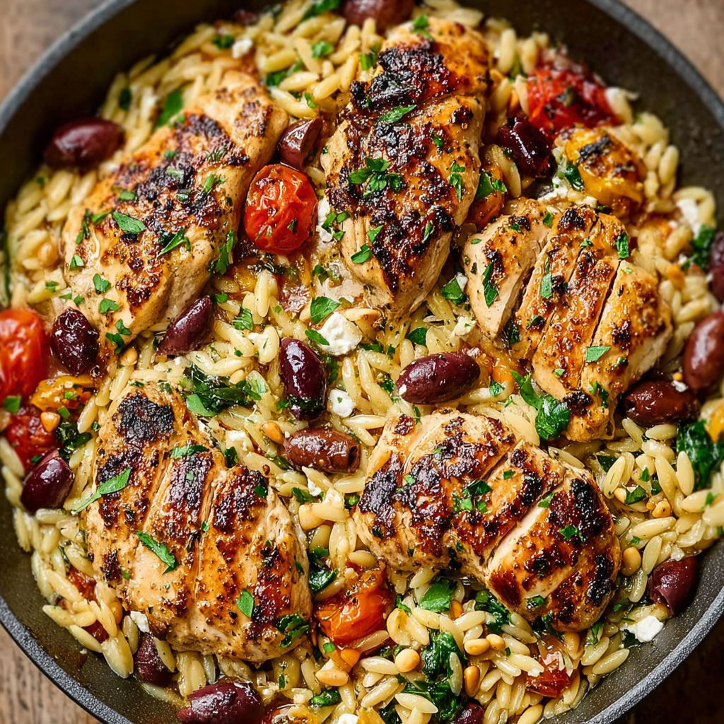 A pan of chicken and rice with tomatoes and herbs.