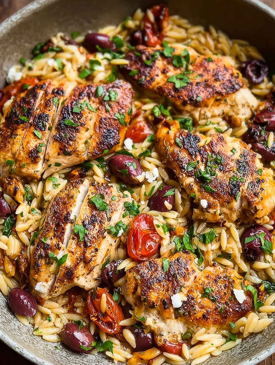 A close up of a delicious Mediterranean chicken and orzo dish.