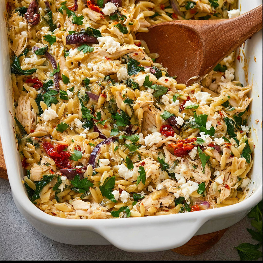 A Greek chicken casserole with rice, chicken, and vegetables.