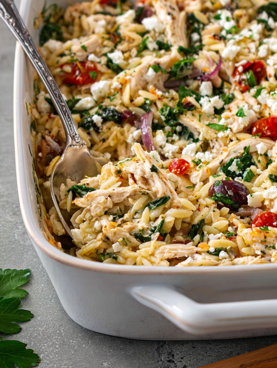 A Greek chicken casserole in a white dish.