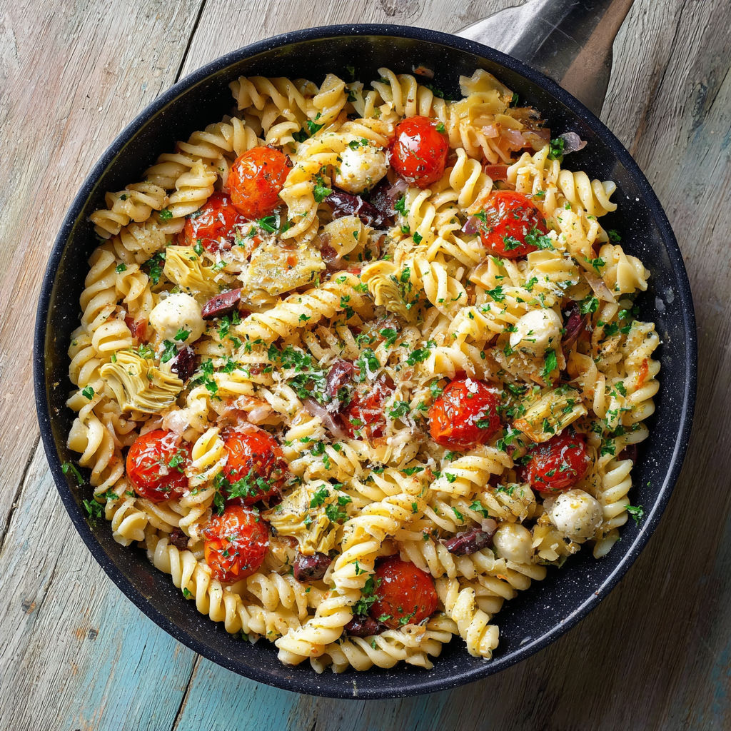 A pan of pasta with tomatoes and cheese.