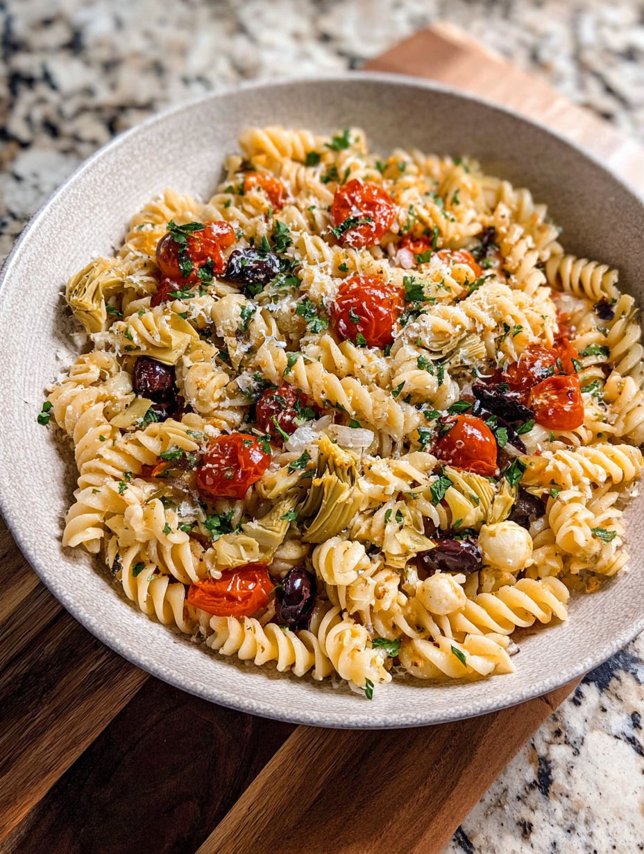 A bowl of pasta with tomatoes and herbs.