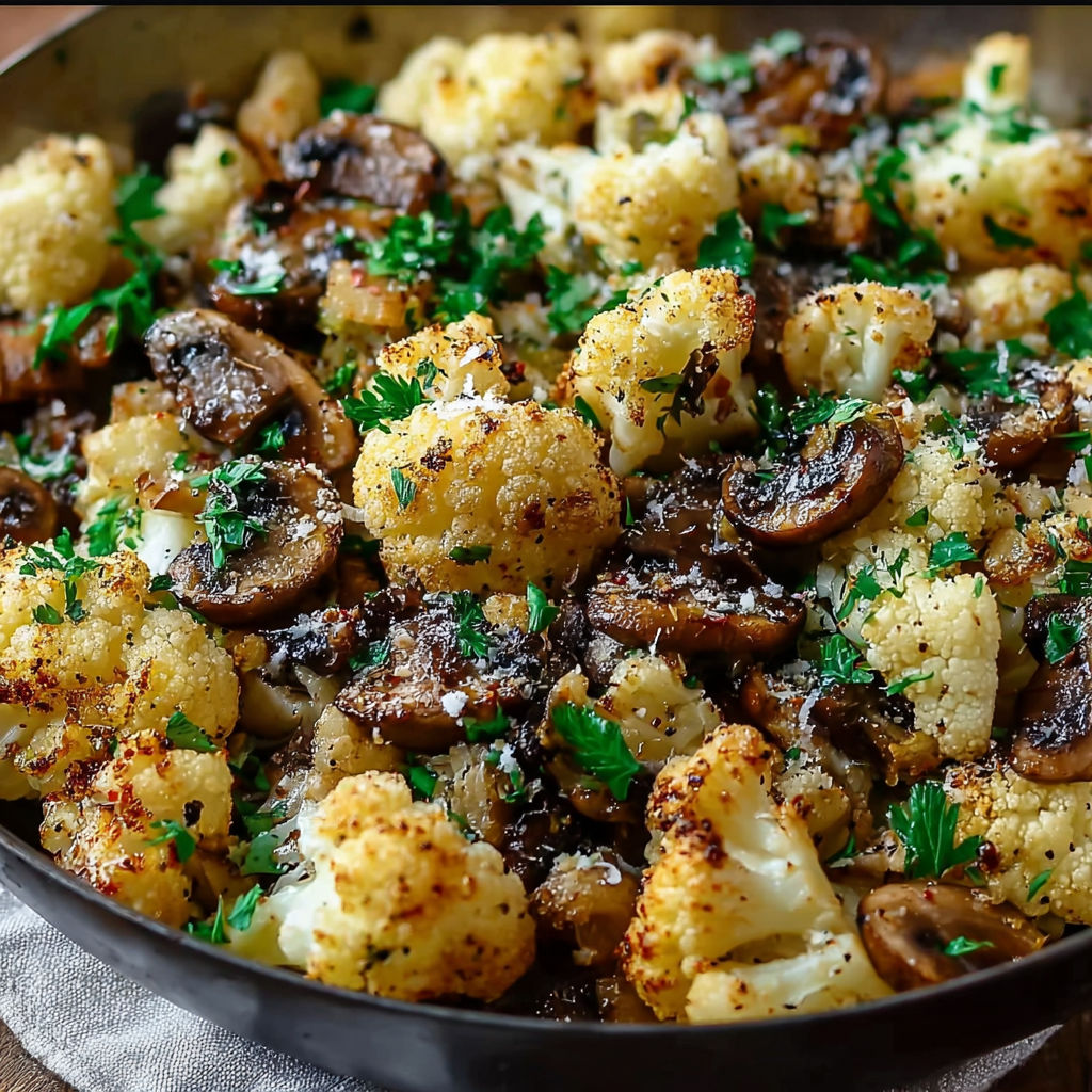 A skillet full of cauliflower, mushrooms, and garlic.
