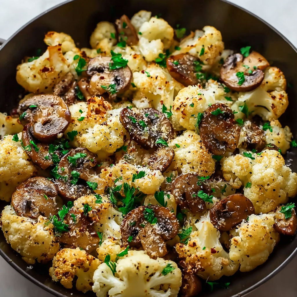 A skillet of cauliflower, mushrooms, and garlic.