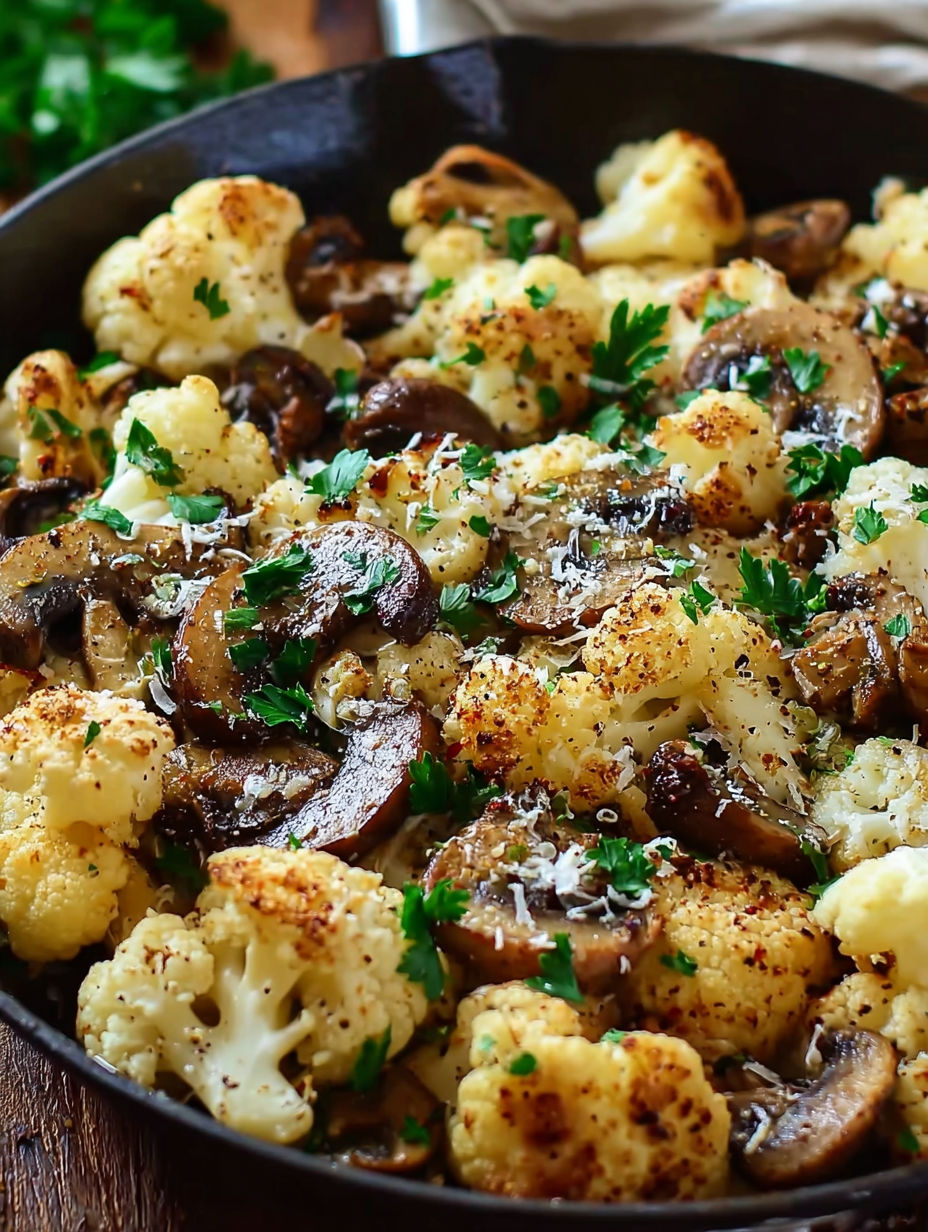 A skillet full of garlic, mushrooms, and cauliflower.