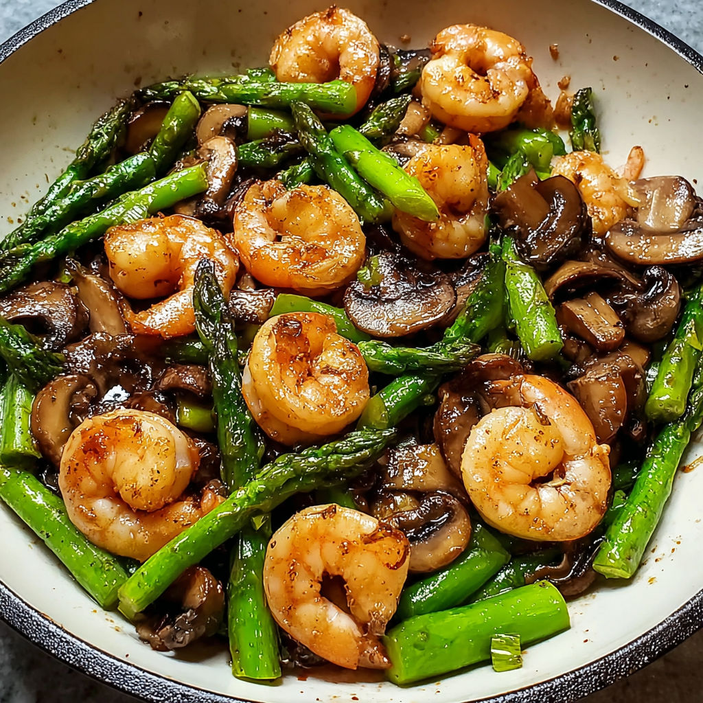 A bowl of shrimp and asparagus stir fry with mushrooms.