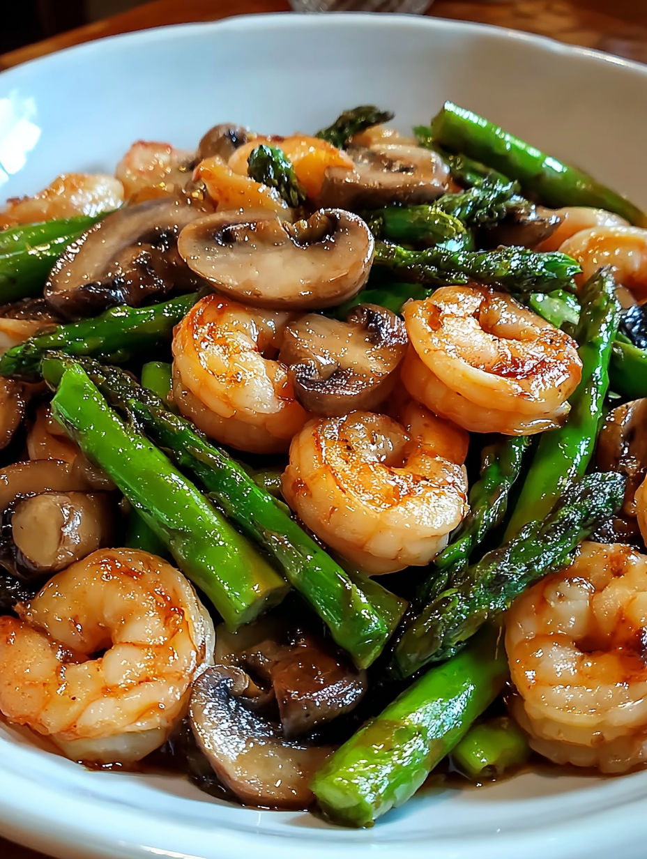 A plate of shrimp and asparagus stir fry with mushrooms.