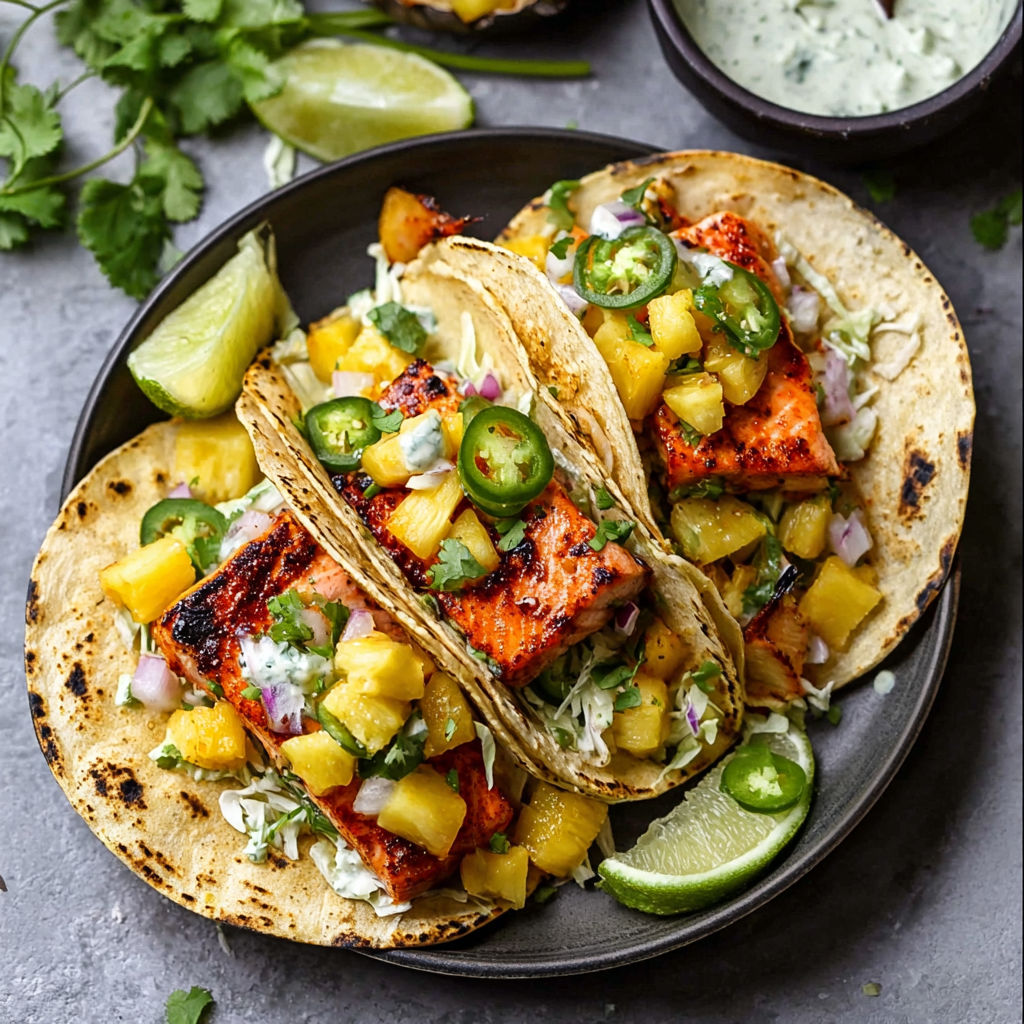 Two tacos with salmon and pineapple salsa.