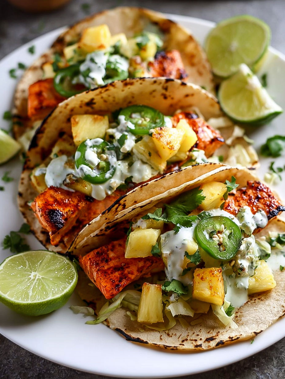 A plate of Chipotle Honey Salmon Tacos with Pineapple Salsa.