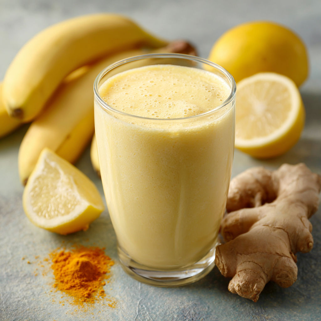 A glass of banana, lemon, and ginger smoothie with turmeric.