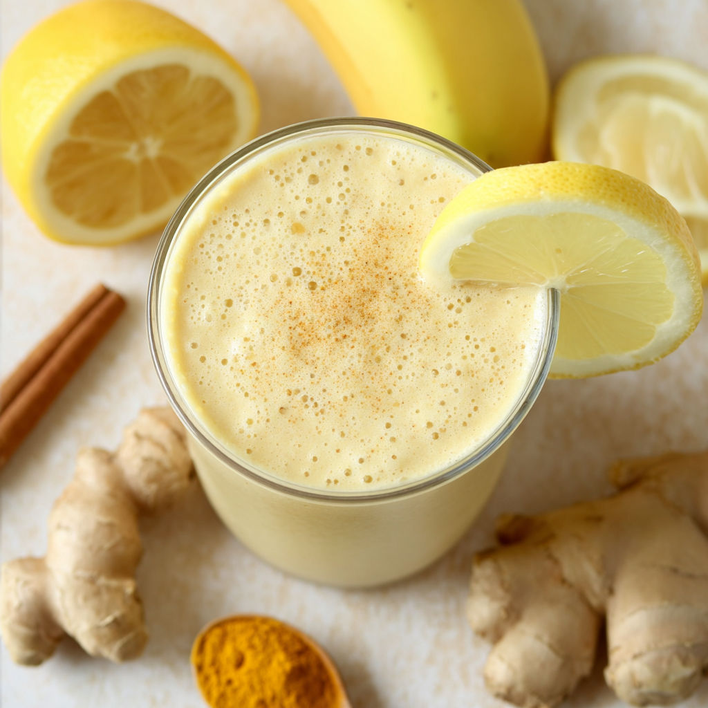 A glass of a smoothie with bananas, lemons, and ginger.