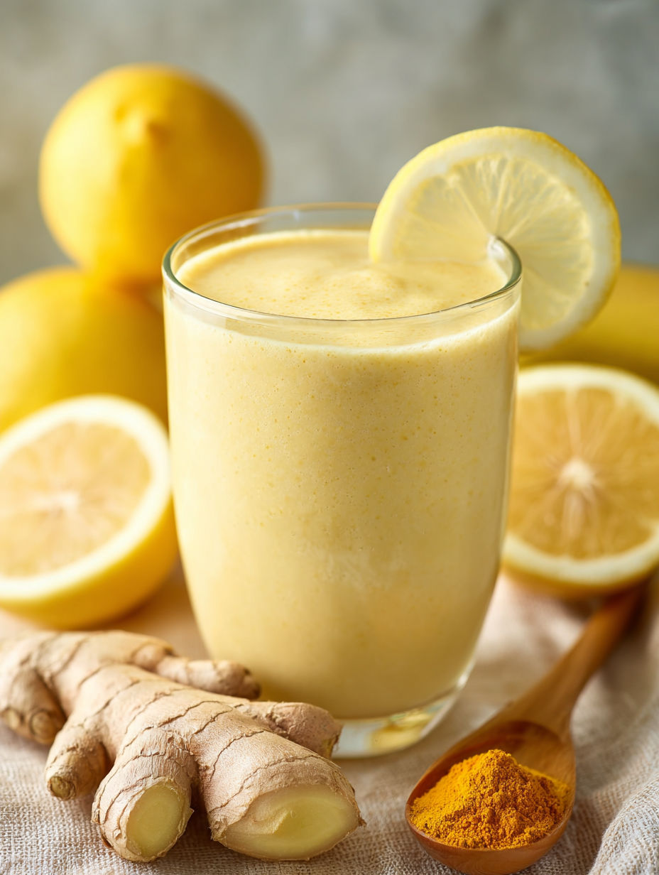 A glass of banana lemon ginger smoothie with turmeric.