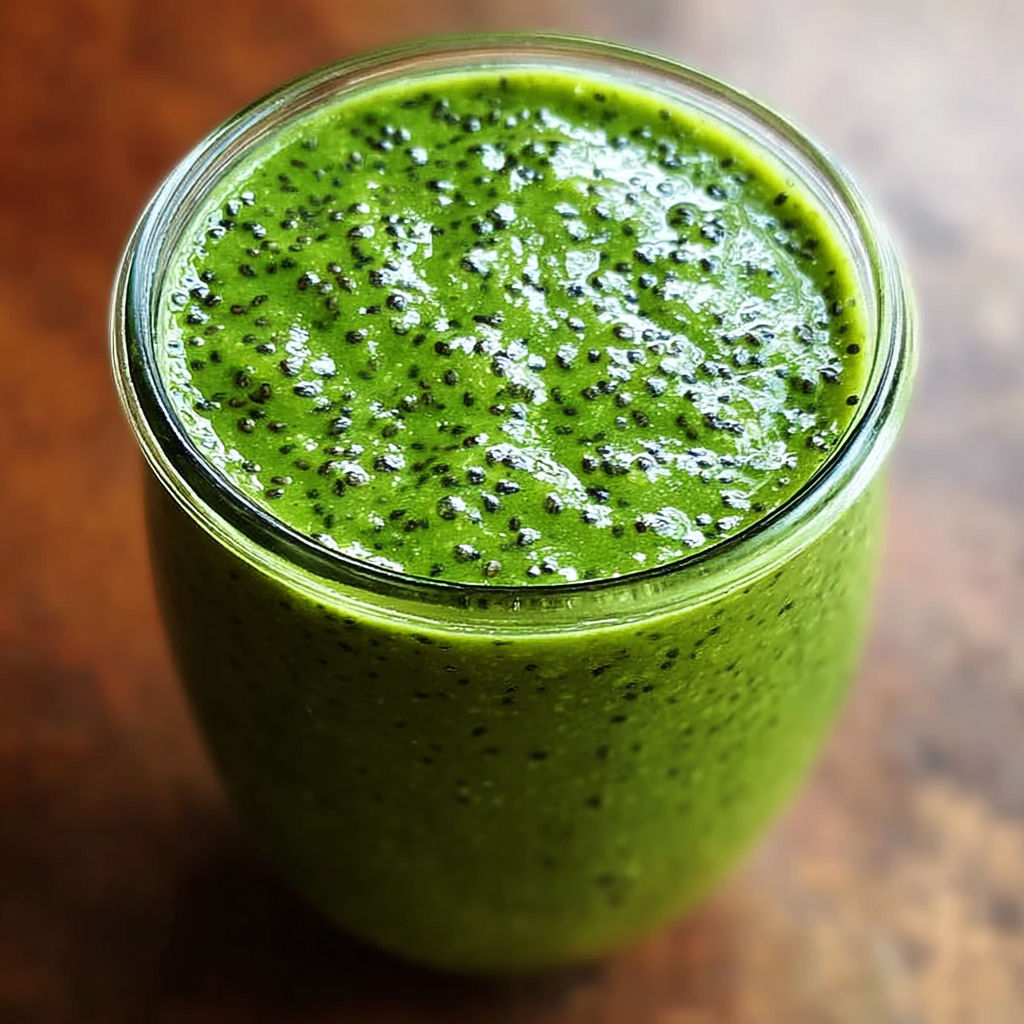 A glass of green smoothie with chia seeds.