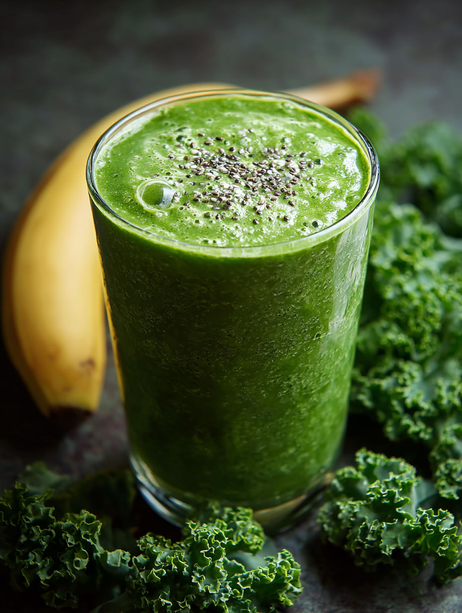 A glass of green smoothie with a banana on the side.