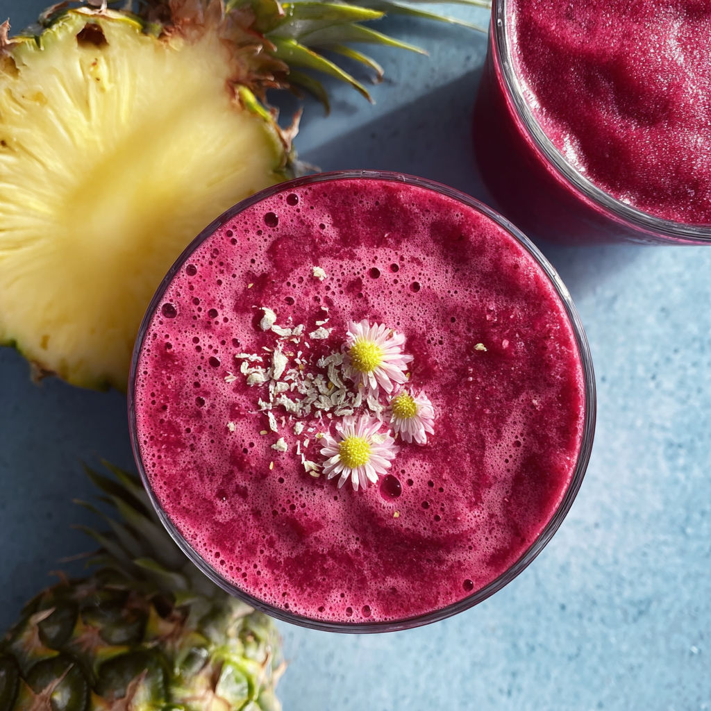 A glass of pink smoothie with a pineapple slice on top.