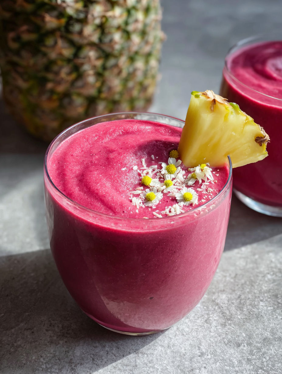 A glass of pink smoothie with a pineapple slice on top.
