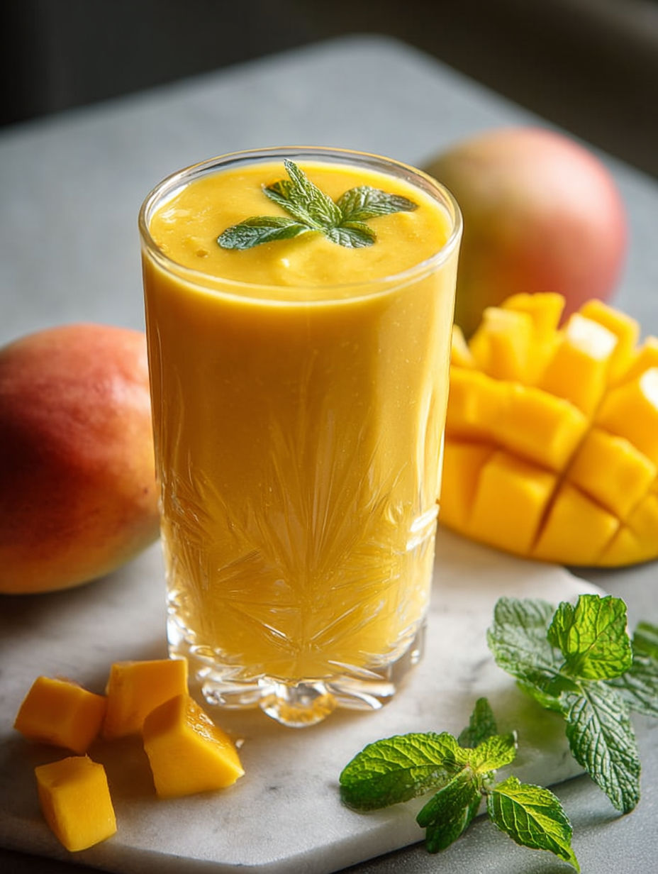 A glass of mango smoothie with a leaf on top.