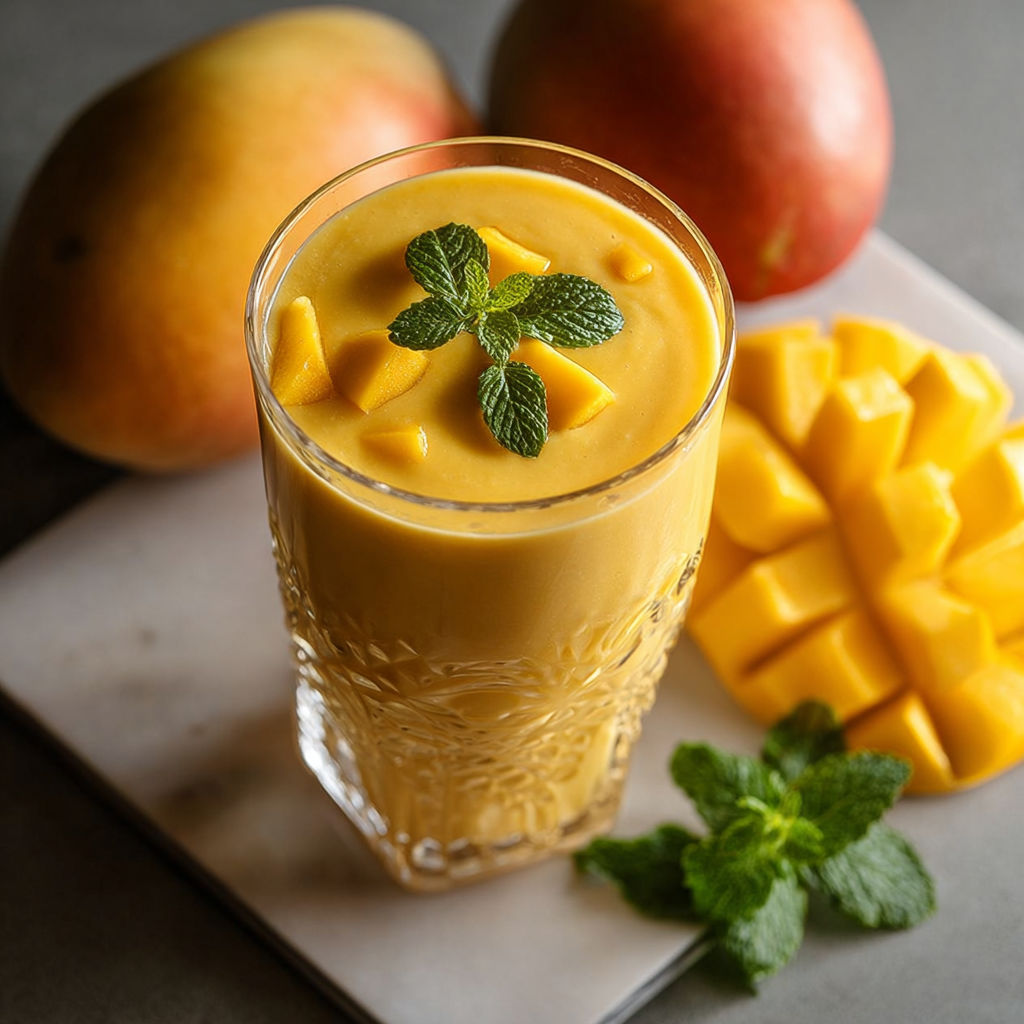 A glass of mango smoothie with a green garnish.