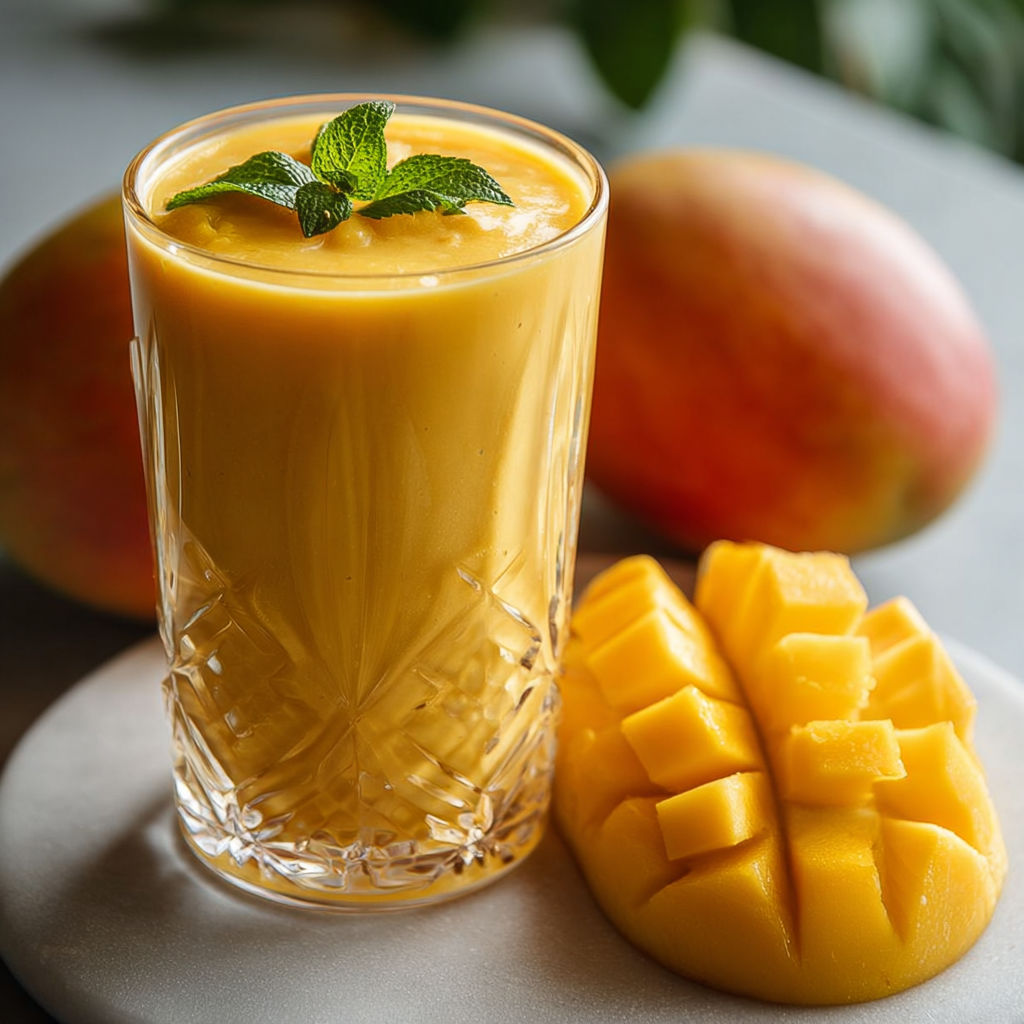 A glass of mango smoothie with a slice of mango on the side.