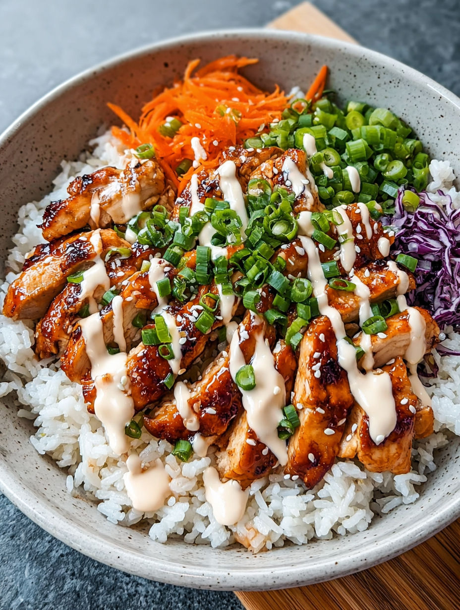A bowl of Korean BBQ chicken with gochujang cream sauce.