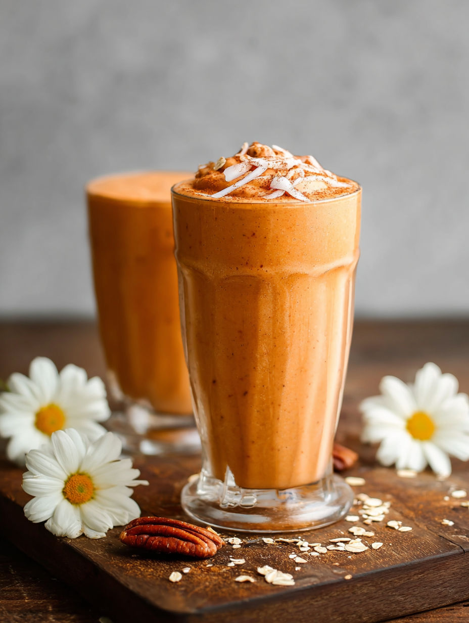 A glass of carrot cake smoothie with whipped cream on top.