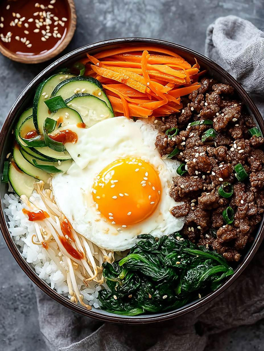 A bowl of Korean beef bibimbap.