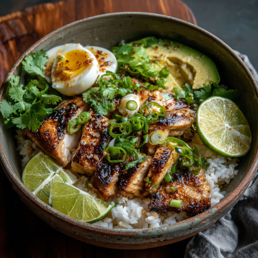 A bowl of food with rice, chicken, and avocado.