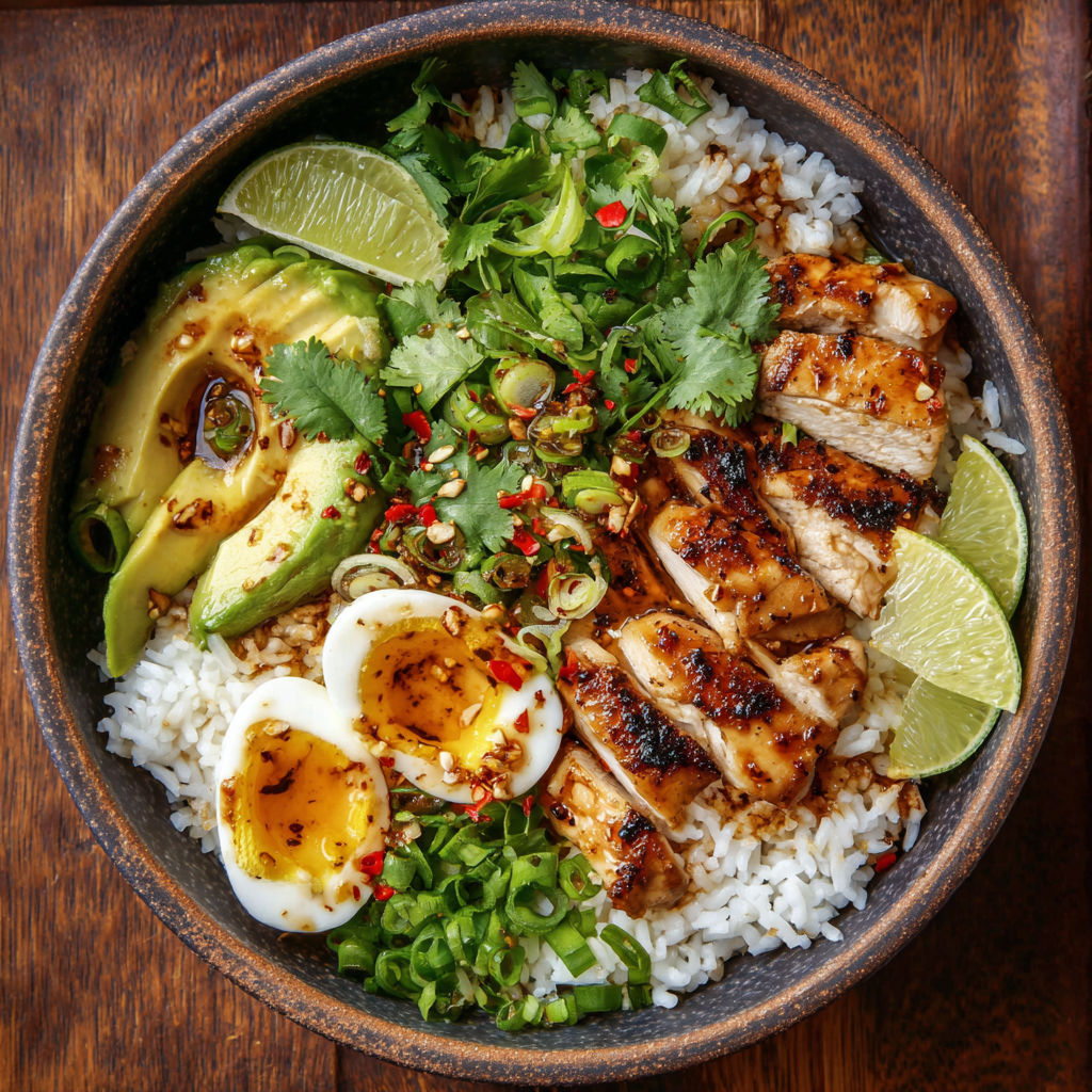 A bowl of food with rice, chicken, eggs, and avocado.