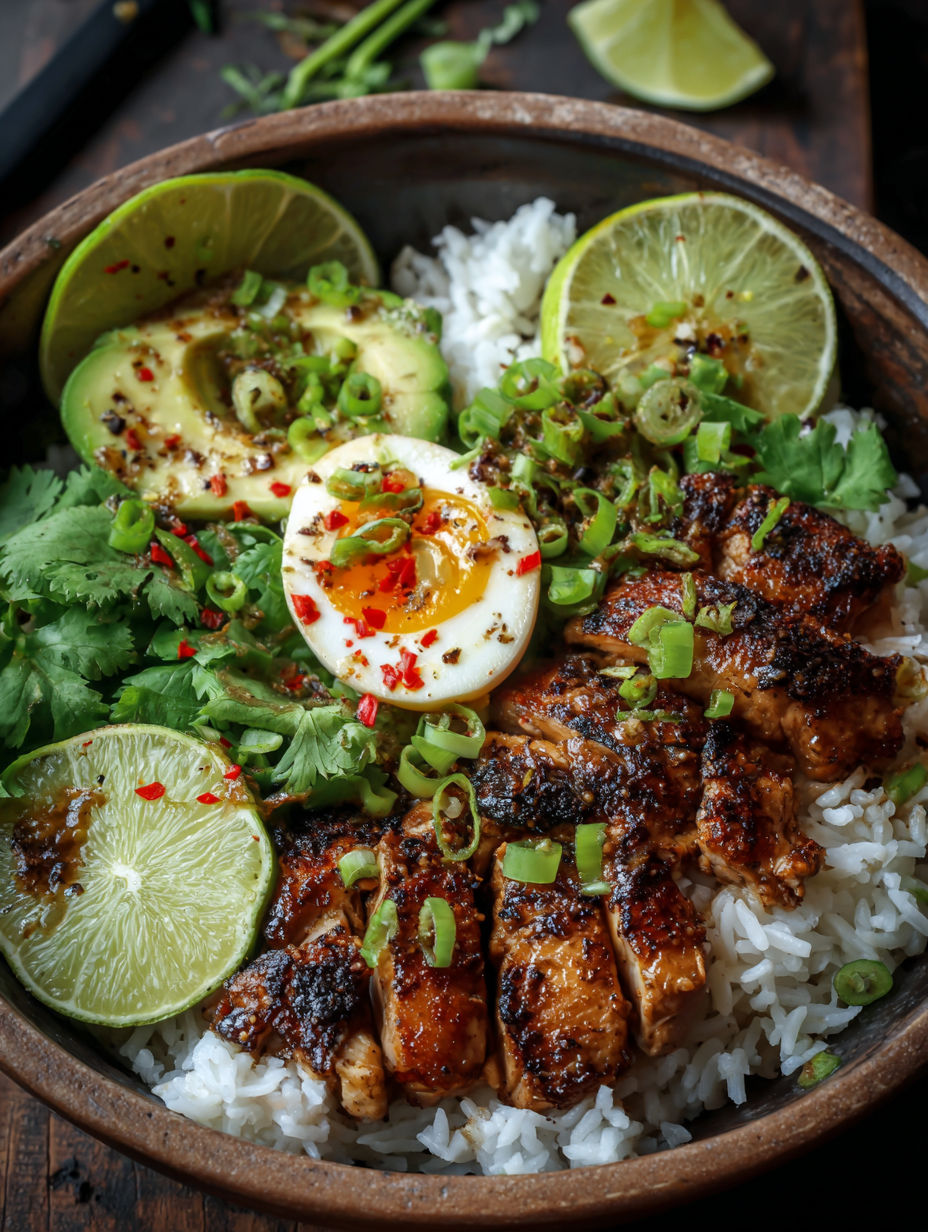 A bowl of food with rice, chicken, and vegetables.