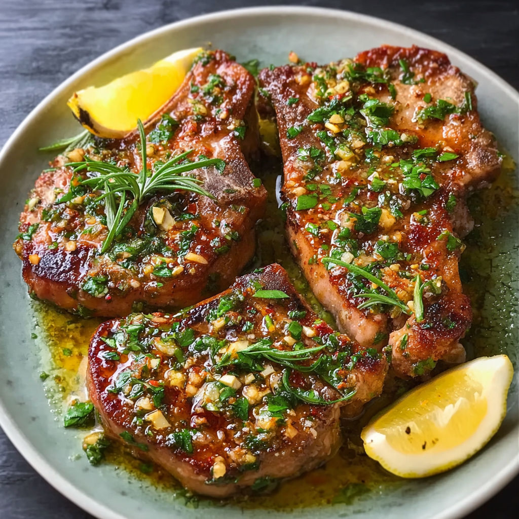 A plate of pork chops with a lemon wedge on top.