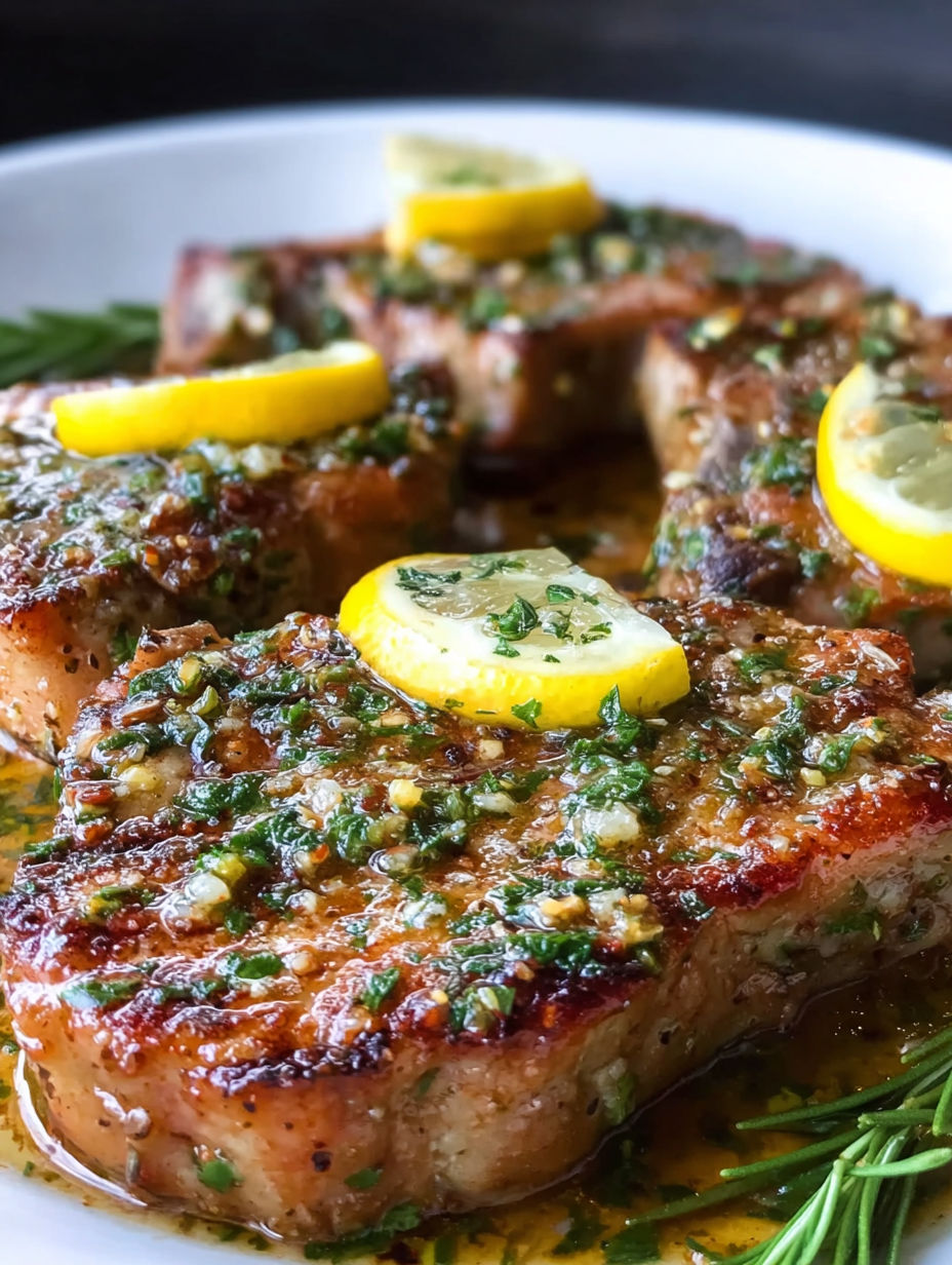 A plate of Sicilian pork chops with lemon wedges on top.