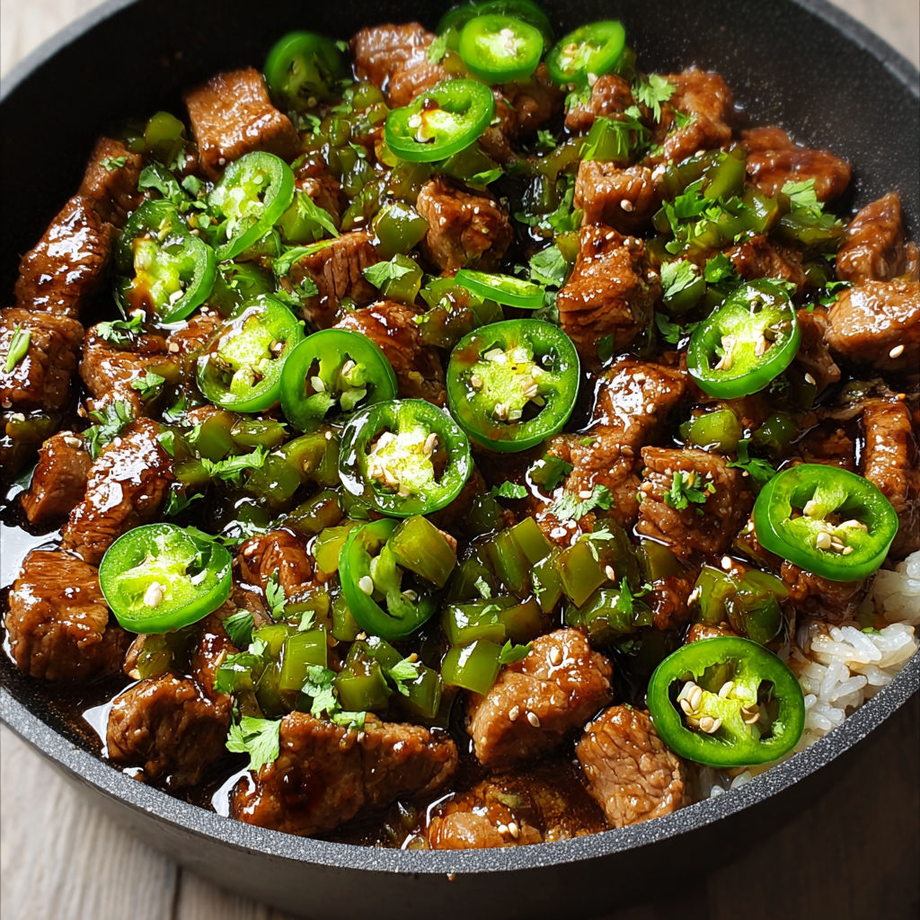 A bowl of meat with jalapenos.