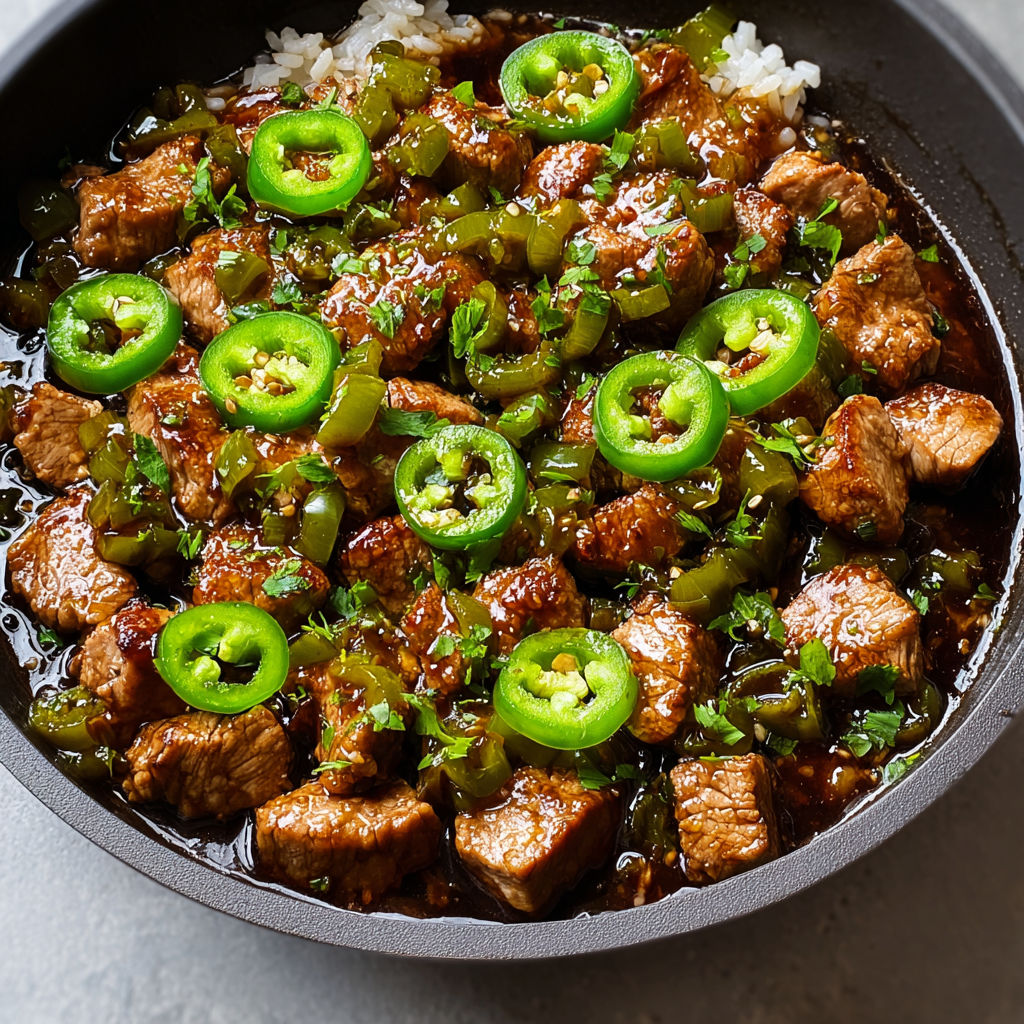 A bowl of meat with jalapenos on top.