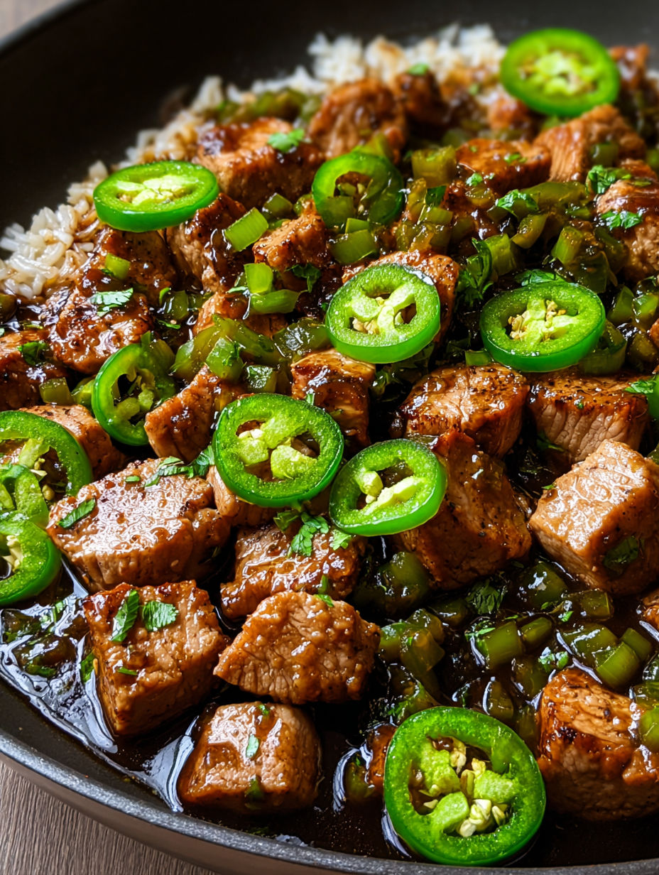 Sweet jalapeno pork with rice and peppers.