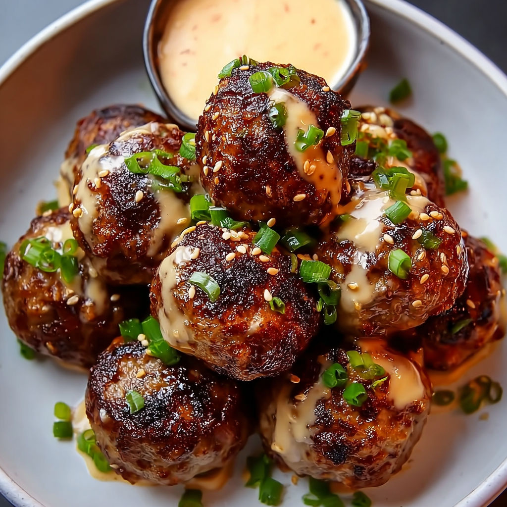 A plate of meatballs with spicy mayo dip.