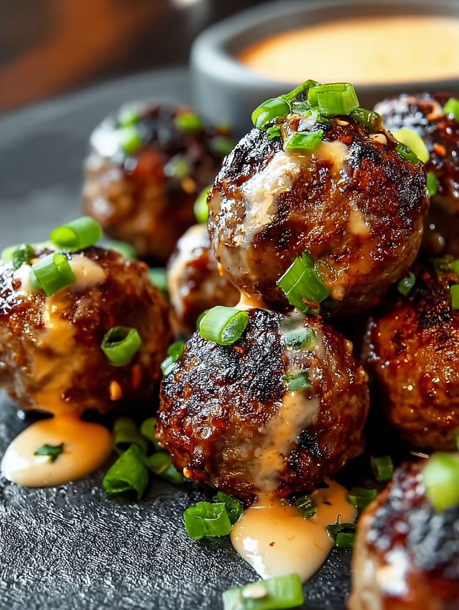 A plate of meatballs with spicy mayo dip.