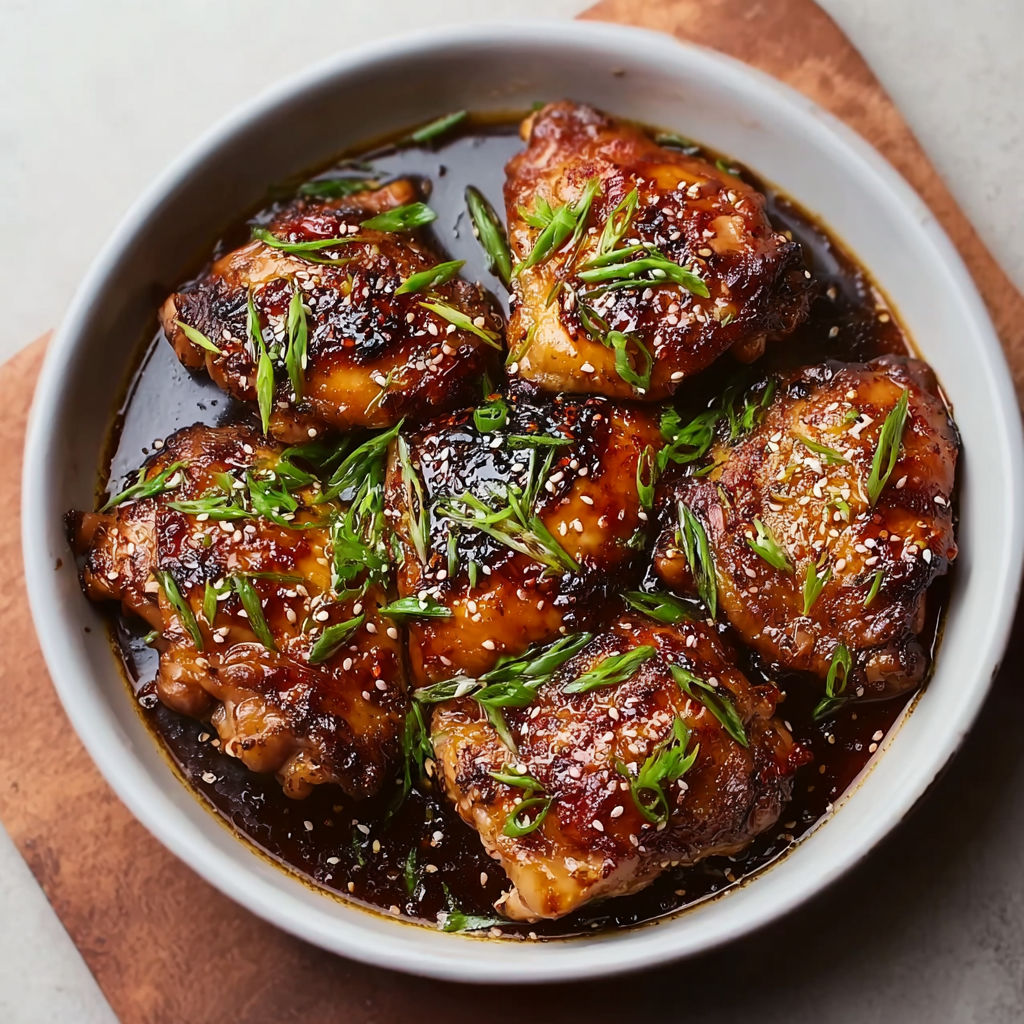A bowl of brown sugar soy sauce chicken thighs.