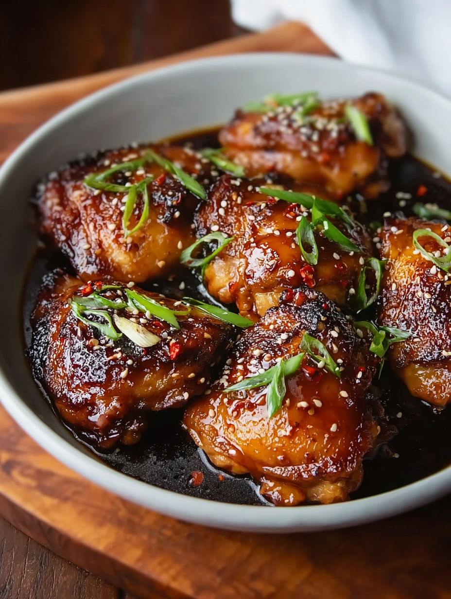 A bowl of brown sugar soy sauce chicken thighs.