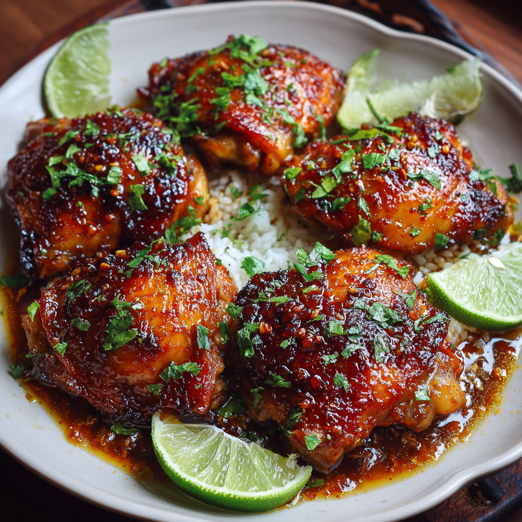 A plate of chicken thighs with rice and lime wedges.