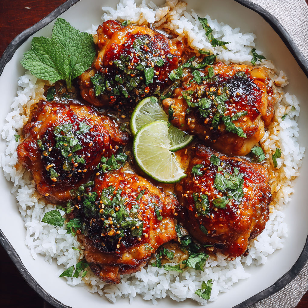 A plate of chicken with rice and lime.