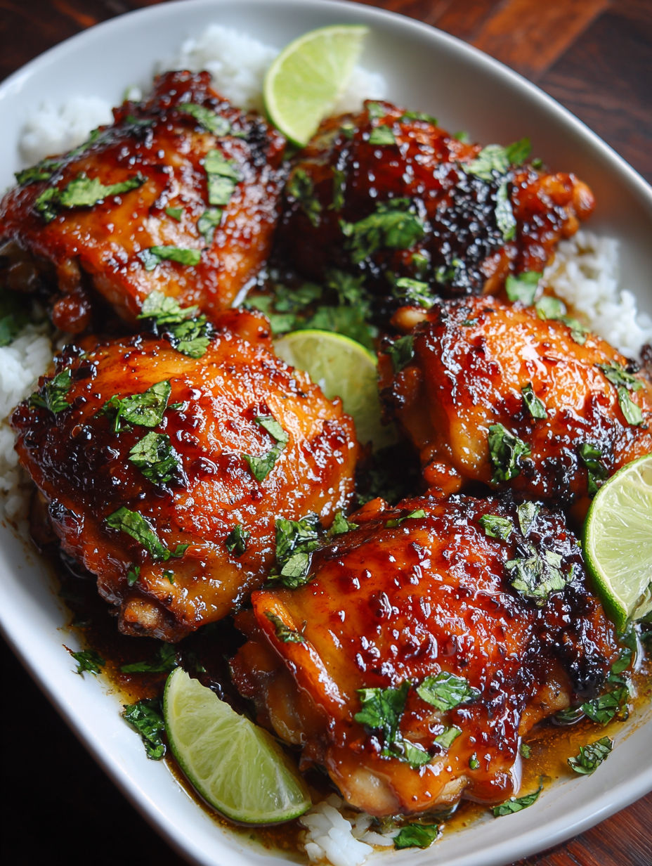 A plate of chicken thighs with a sauce.