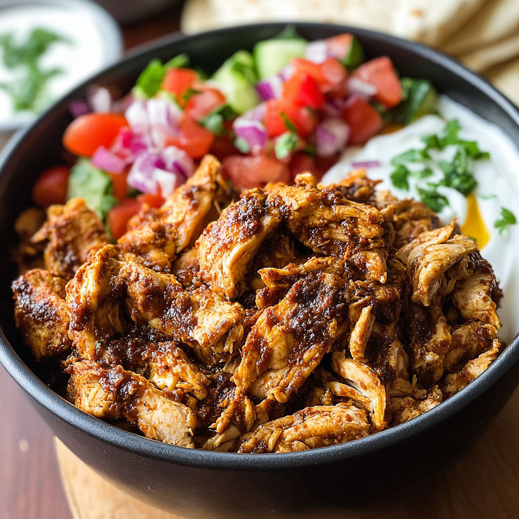 A bowl of slow cooker chicken shawarma.