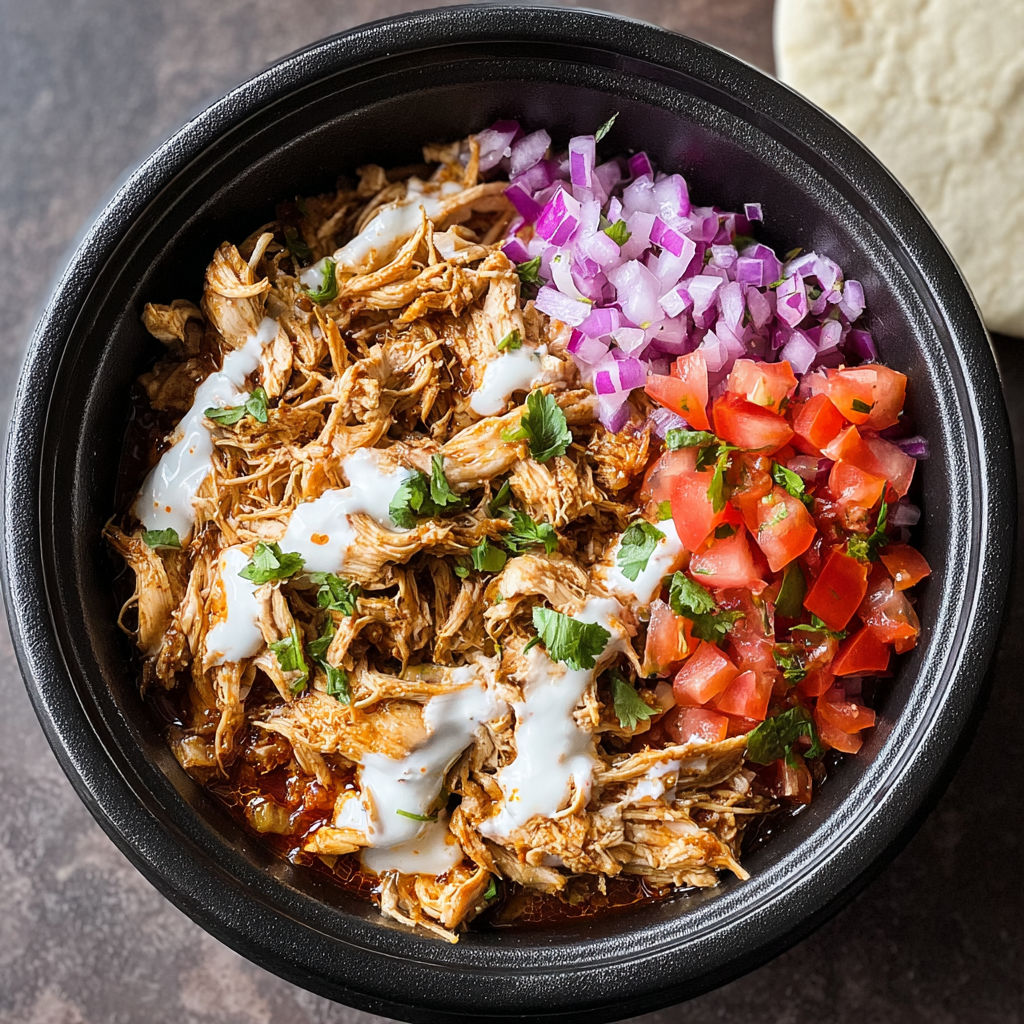 A bowl of chicken shawarma with tomatoes and onions.
