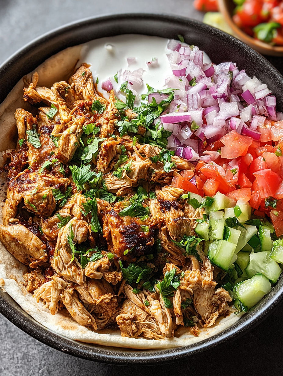 A bowl of slow cooker chicken shawarma.