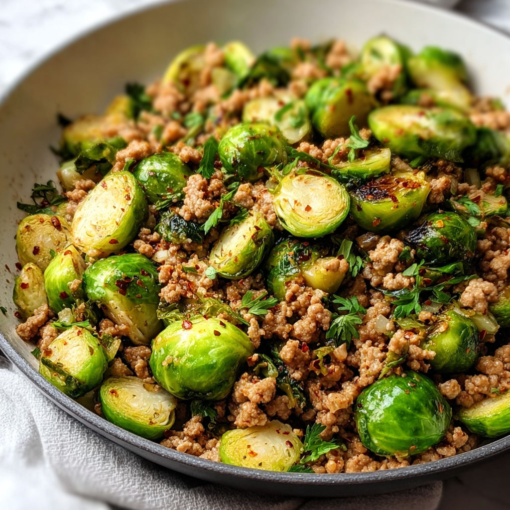 A skillet of ground turkey and Brussels sprouts.