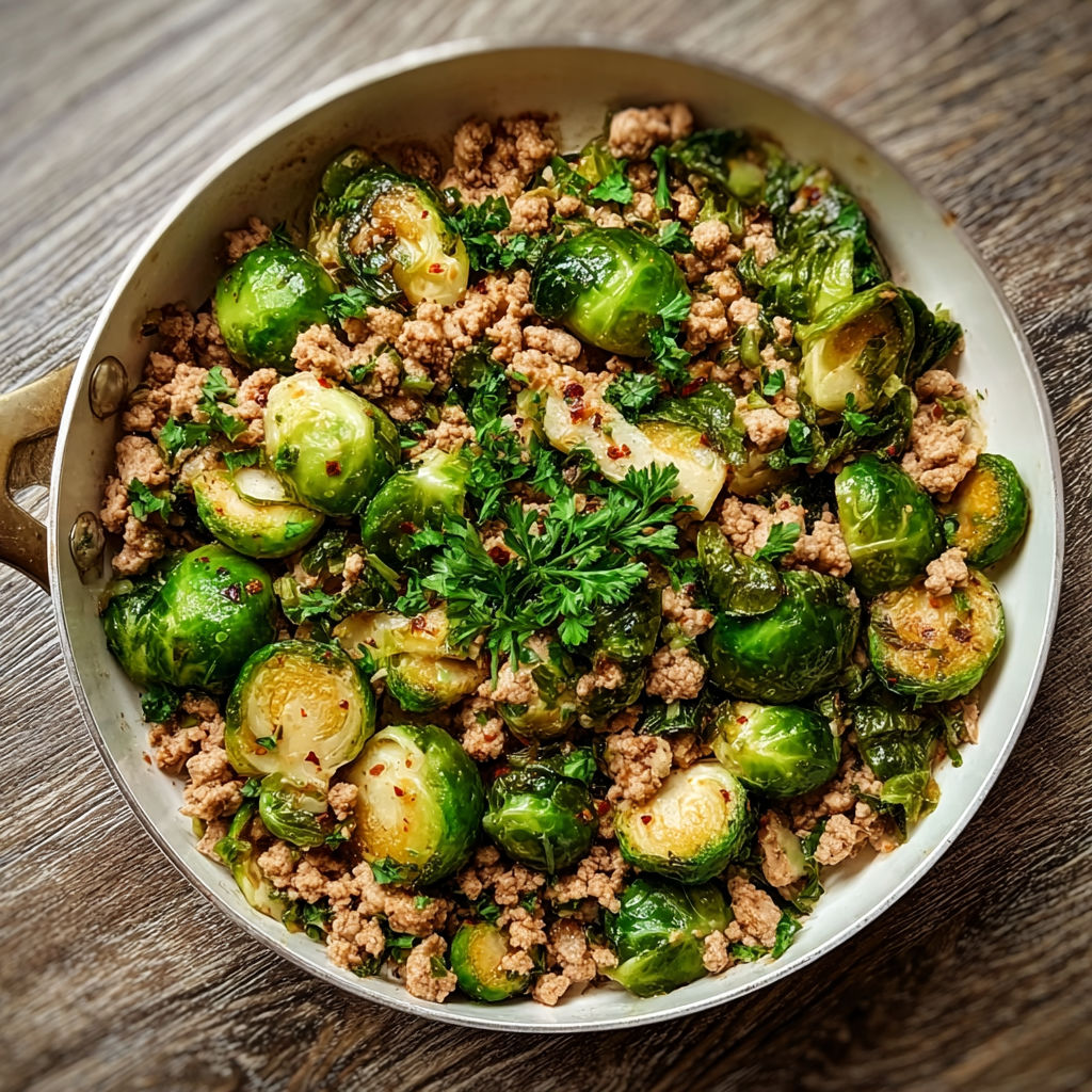 A skillet full of ground turkey and Brussels sprouts.