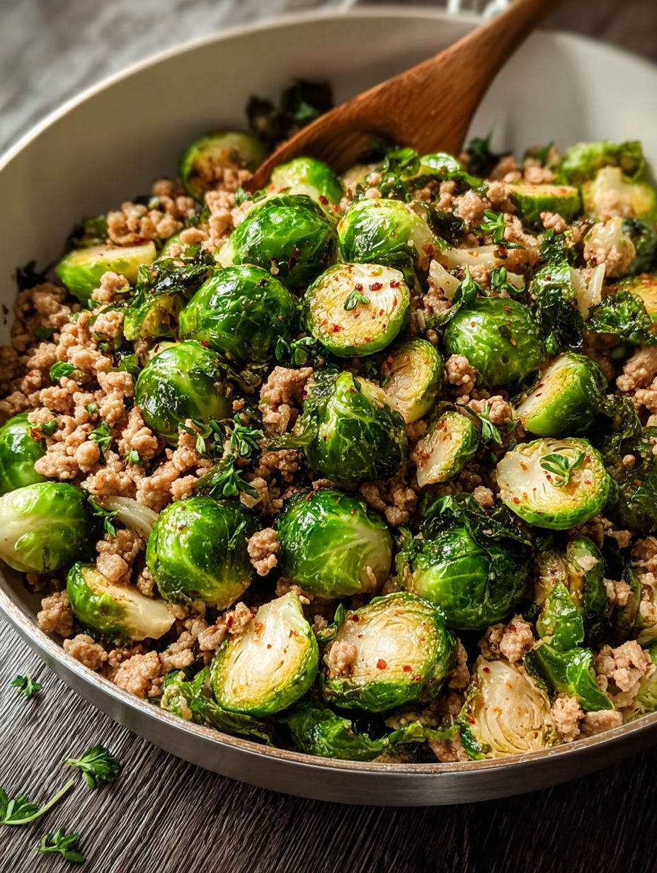 A skillet full of ground turkey and Brussels sprouts.